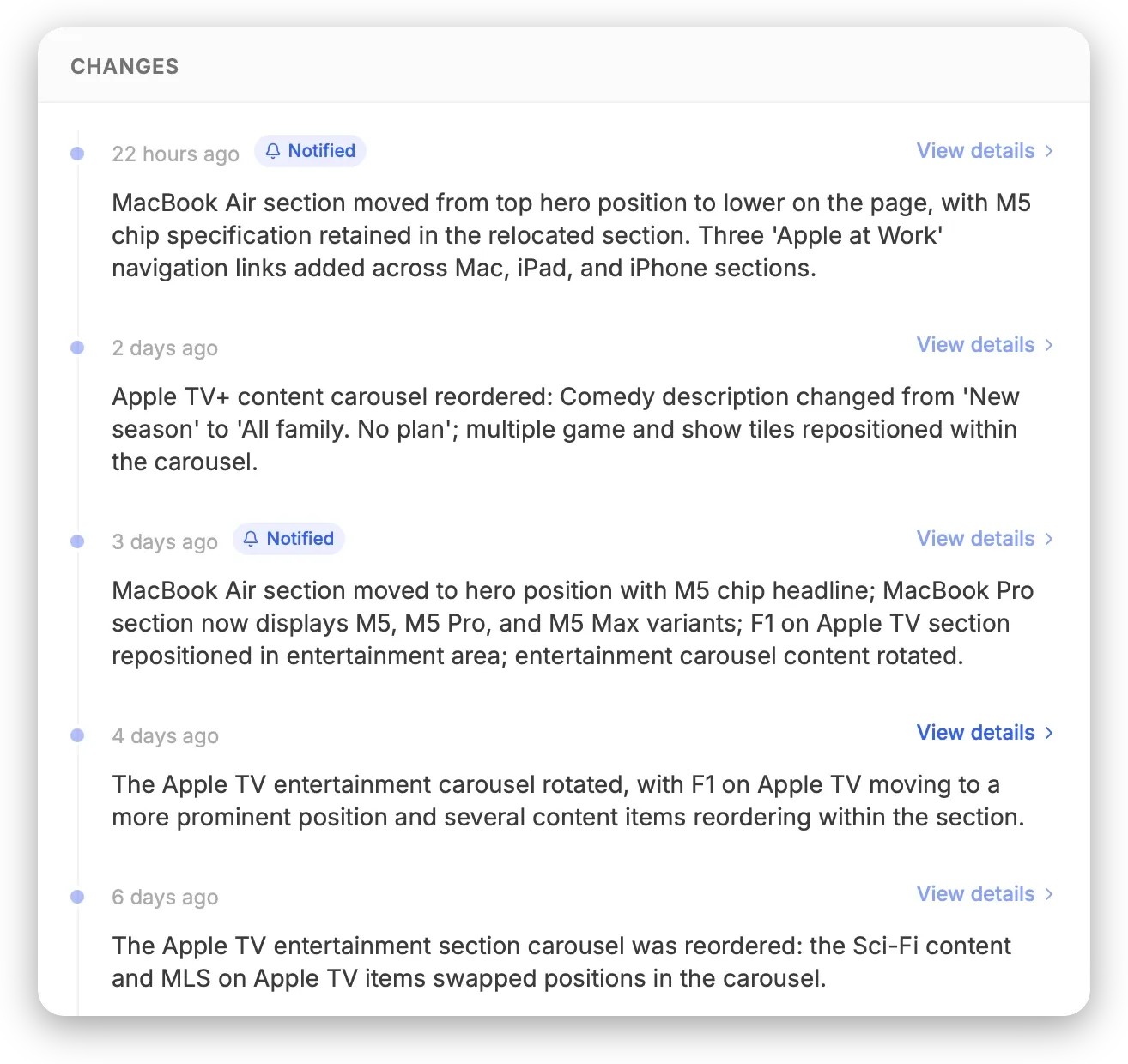 A PageDiff monitor's change history — each entry summarized, and flagged when it triggered an alert