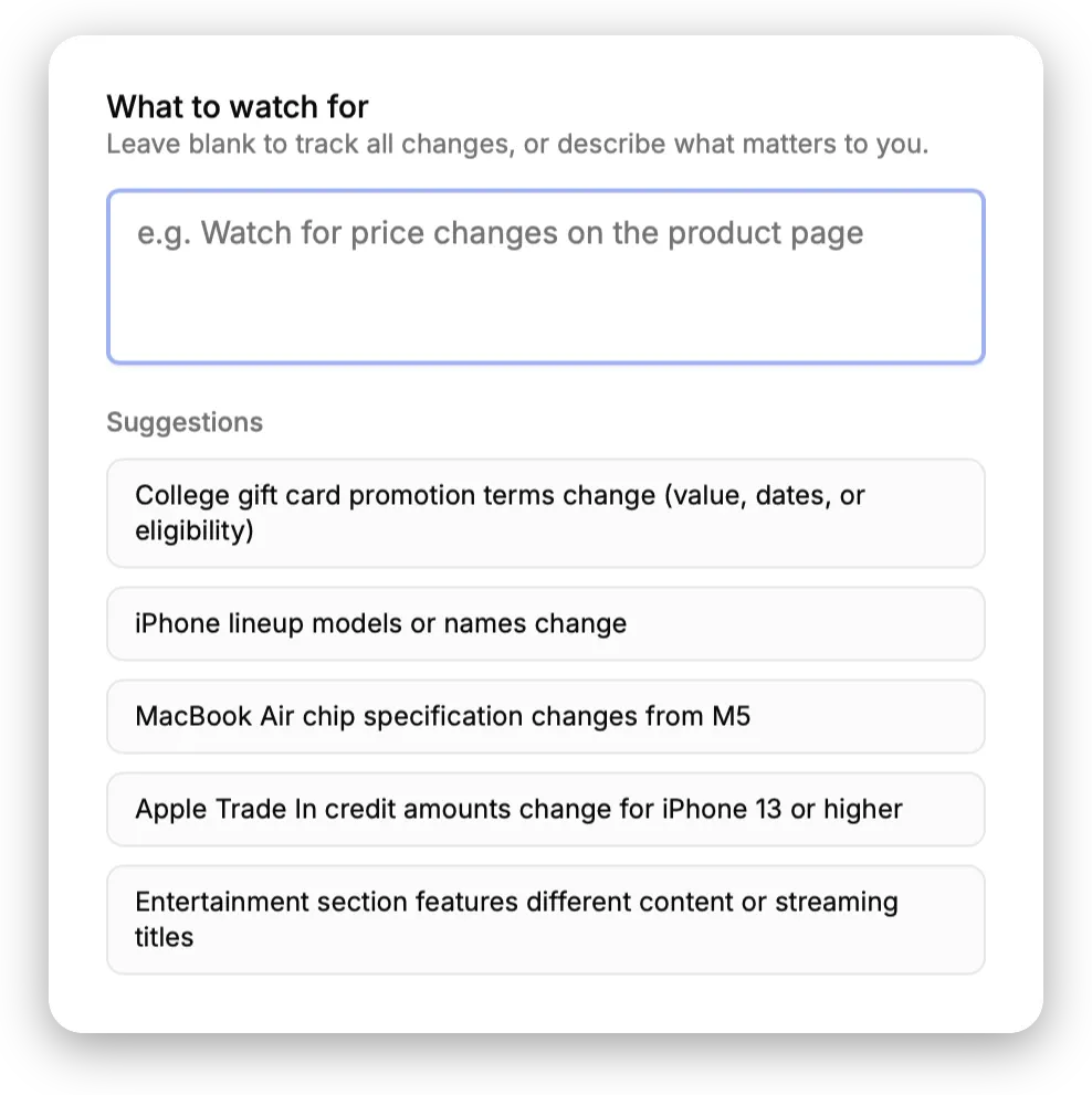 Describing what to watch on a page in plain English in PageDiff, with suggested conditions
